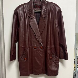 Vintage 70s Burgundy Oxblood Brown Faux Leather Embroidered Blazer Jacket Large